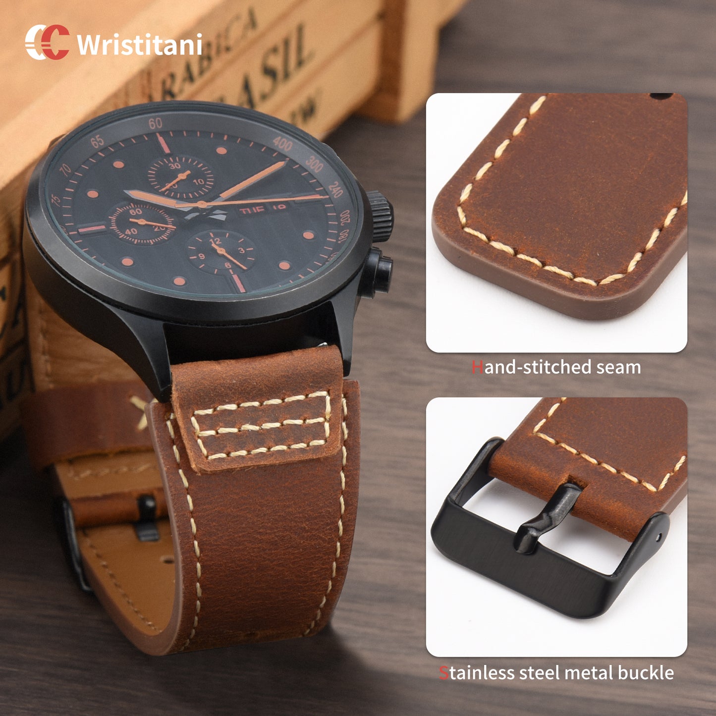 Wristitani Leather Watch Band for Men, 20mm 22mm Top Genuine Leather Watch straps, Quick Release Vintage Wristband Suitable for Classic Mechanical Quartz Smartwatches