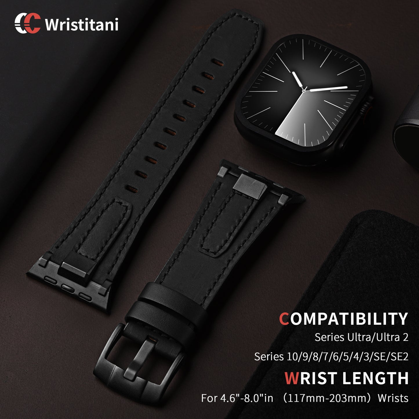 Wristitani Leather Bands Compatible with Apple Watch Strap 49mm 46mm 45mm 44mm 42mm for Men, Genuine Leather Durable Matel Connector Replacement Straps for iWatch Ultra Series 10 9 8 7 SE 6 5 4 3 2 1